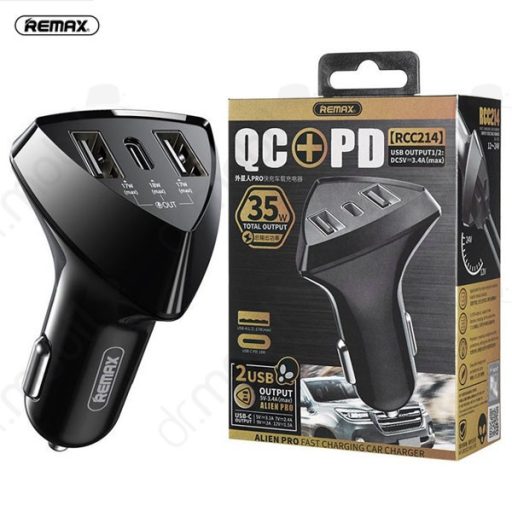 Remax Szivargyújtós autós töltő 2USB/USB-C QC-PD 35W RCC214