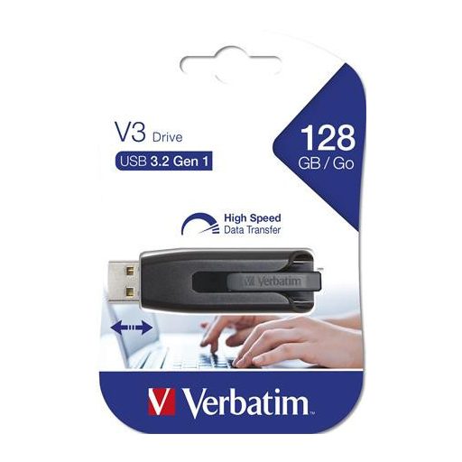 Pendrive, 128GB, USB 3.2, 80/25 MB/s, VERBATIM "V3", fekete-szürke