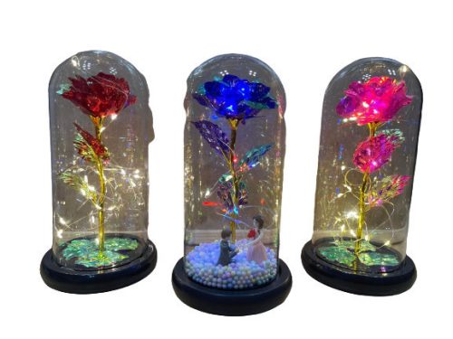 Fém örökrózsa LED világítással üvegbúrában - több színben - FEHÉR - lánykérés