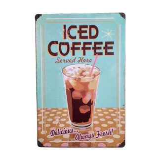   Vintage Dekor Fémtábla, 'ICED COFfEE' felirat, retro hangulatú kialakítás, 20x30cm
