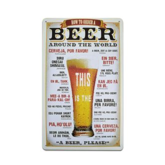   Vintage Dekor Fémtábla, dombornyomott 'BEER' felirat, retro hangulatú kialakítás, egy korsó sör rendelése 21 nyelven, 20x30cm