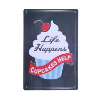   Vintage Dekor Fémtábla, dombornyomott 'Cupcakes Happen' felirat, retro hangulatú kialakítás, 20x30cm