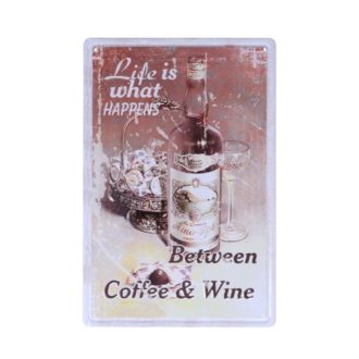   Vintage Dekor Fémtábla, dombornyomott 'Coffee and Wine' felirat, retro hangulatú kialakítás, 20x30cm
