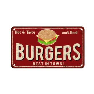  Vintage Dekor Fémtábla, dombornyomott, 'BURGERS BEST IN TOWN!' felirat, retro hangulatú kialakítás, 30x20cm