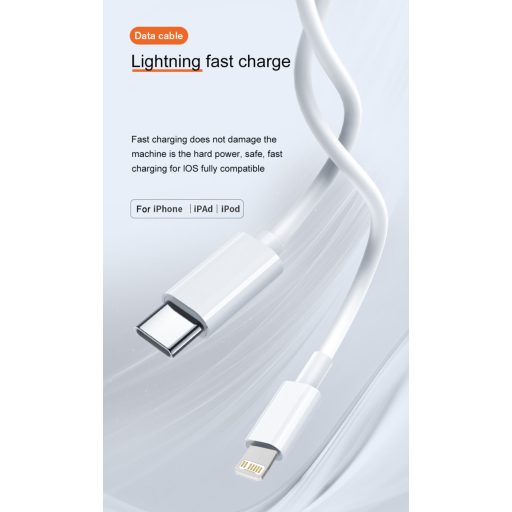 Prémium Adat- és Töltőkábel, Lightning/USB-C csatlakozó, 27W gyorstöltés, 1 méter, fehér színben
