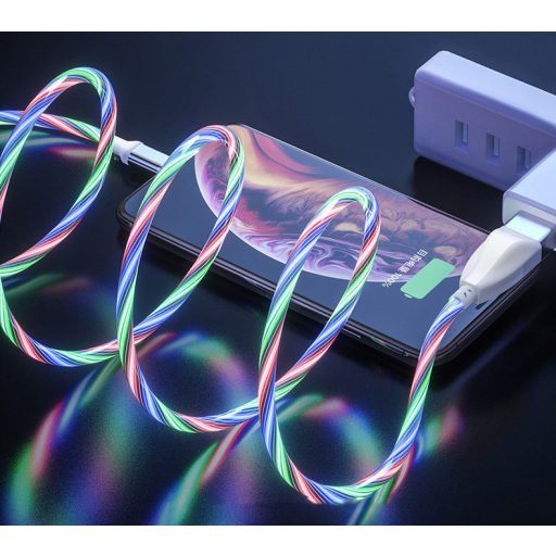 Prémium Adat- és Töltőkábel, MicroUSB/USB csatlakozó, villogó fény, 2A gyorstöltés, 1 méter, pink